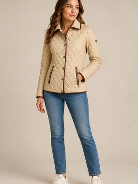 Michael Kors Women’s Diamond Quilted Lightweight Jacket Beige Brown Trim NWT